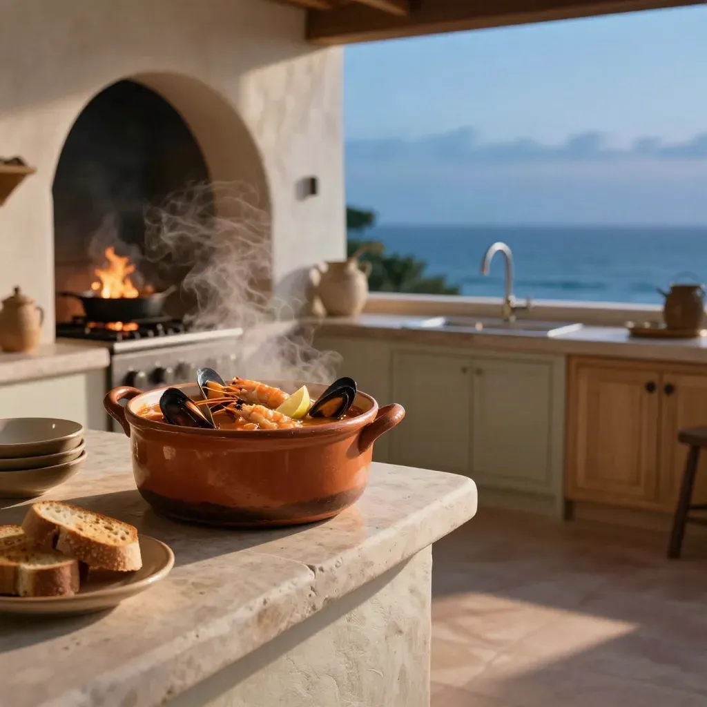 Caldereta humeante en cocina mediterránea, con pan tostado y luz dramática.