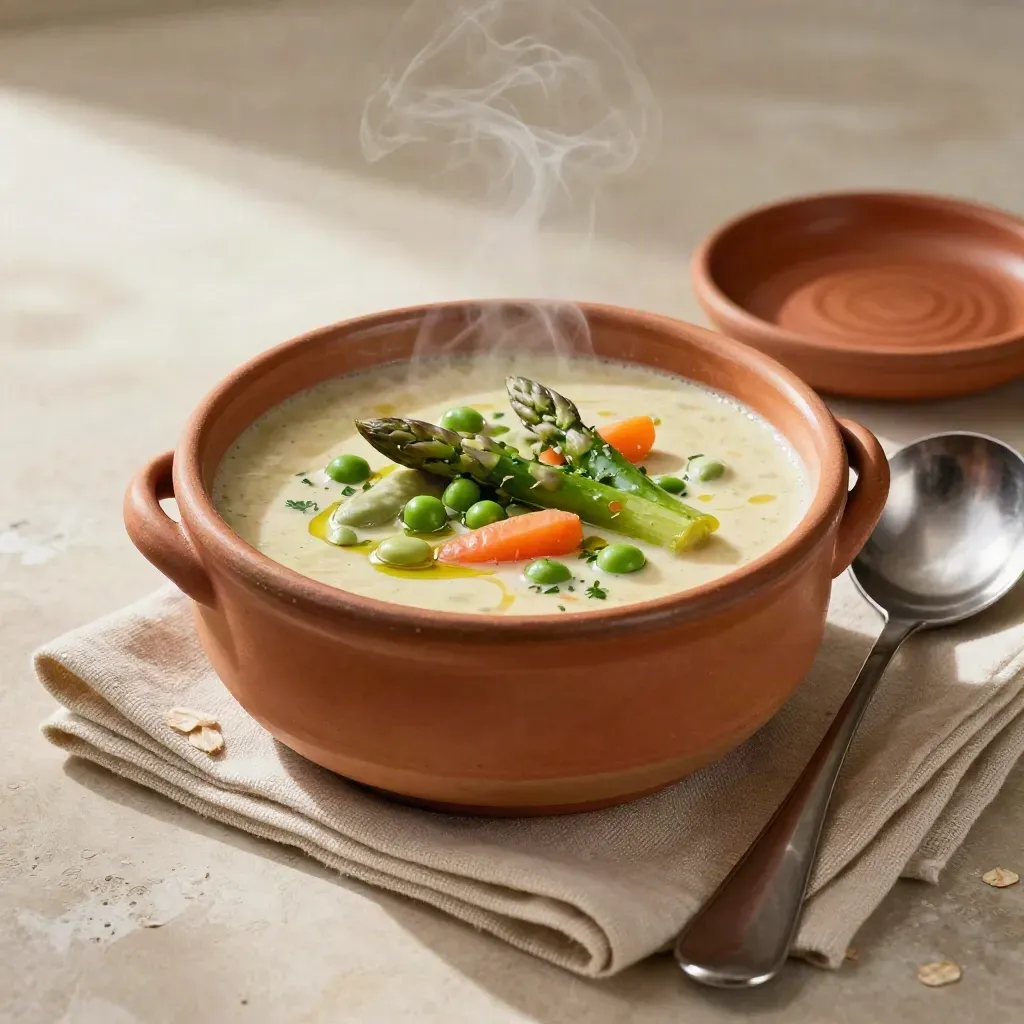 Caldo de temporada con verduras de primavera, vapor y cucharón sobre fondo claro.