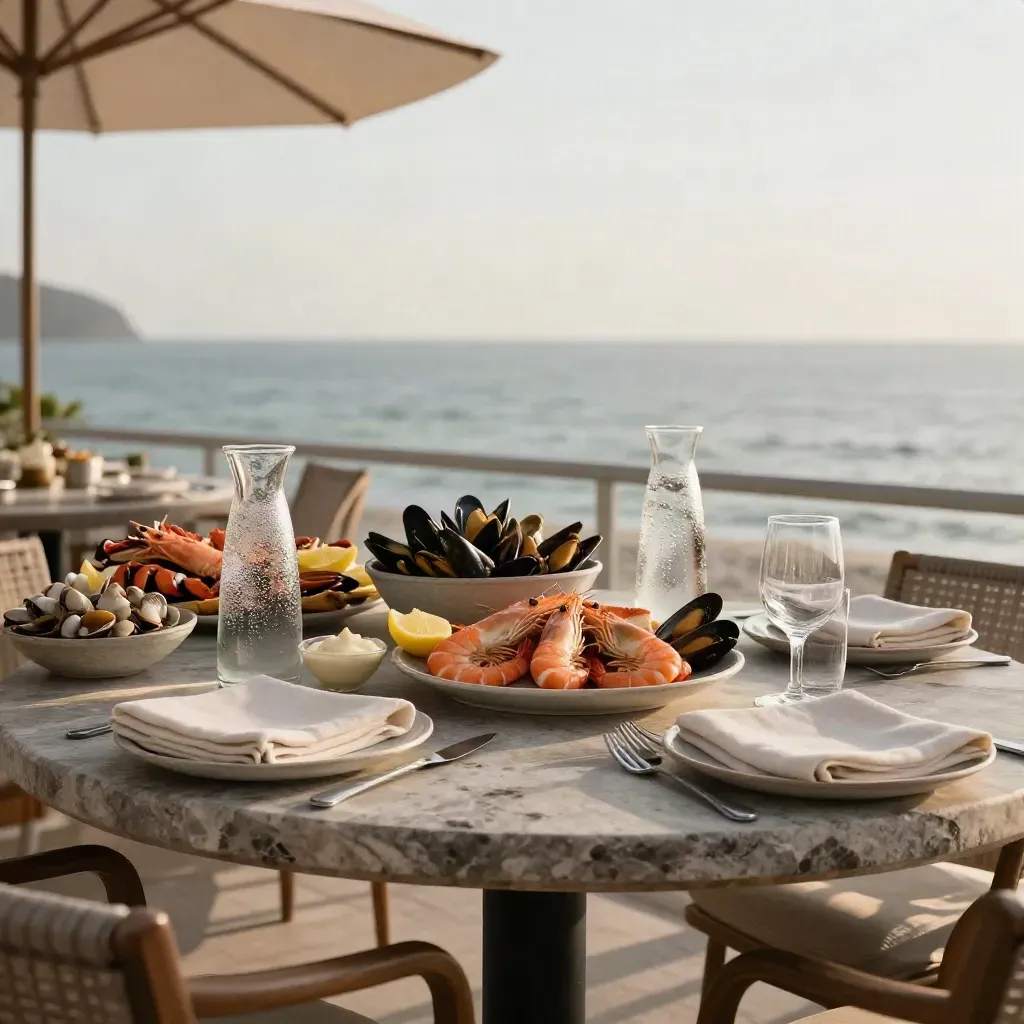 Terraza costera con marisco, limones, carafas y mesa preparada al atardecer.