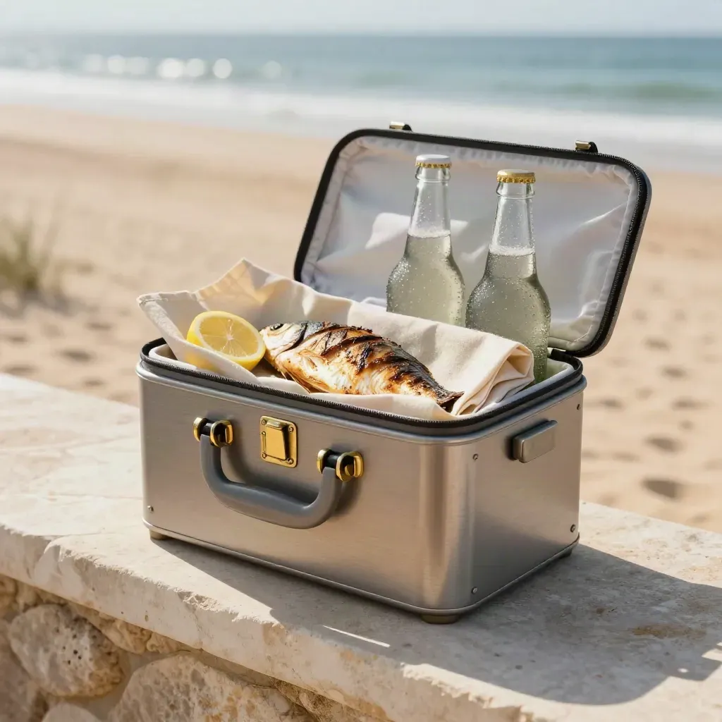 Cesta térmica con pescado a la brasa, limón, servilletas y bebidas frías sobre piedra junto al mar.