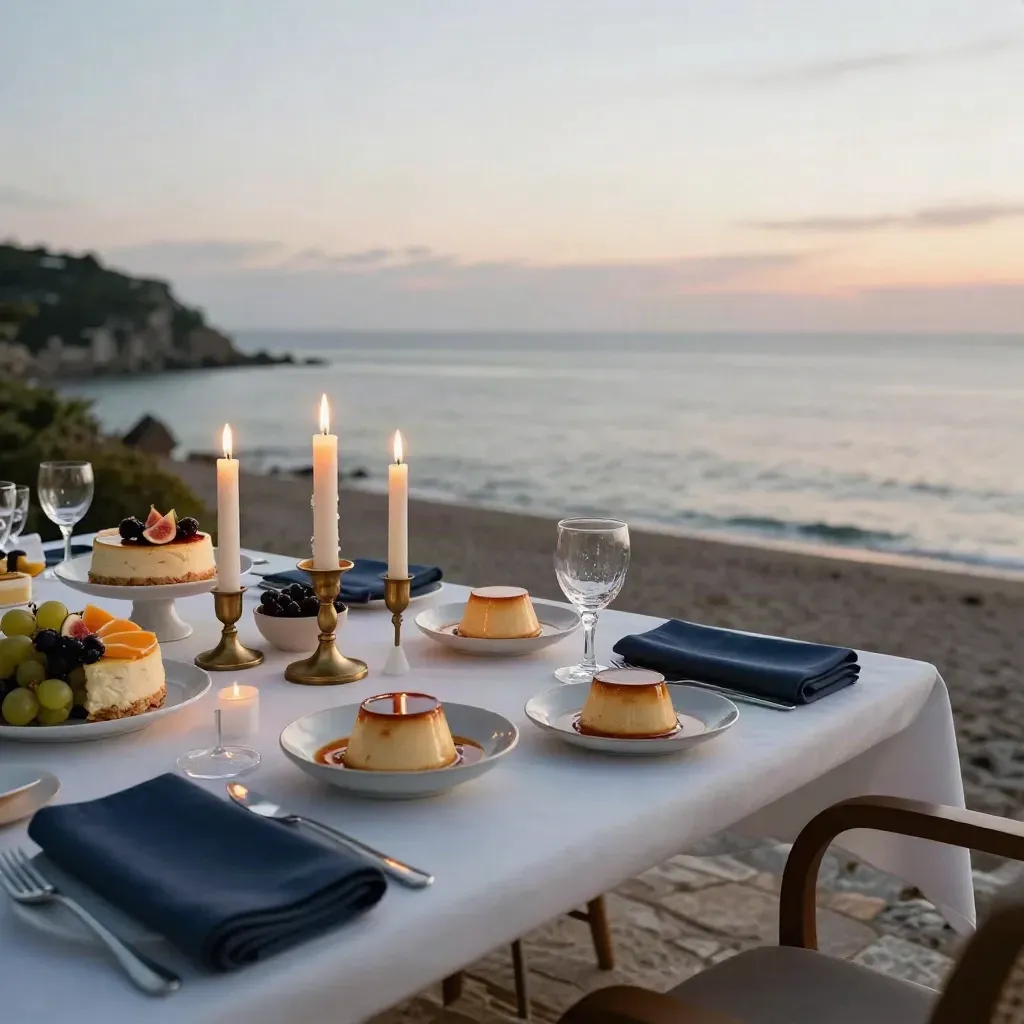 Mesa de postres de cumpleaños junto al mar con flan, tarta, fruta y velas al atardecer