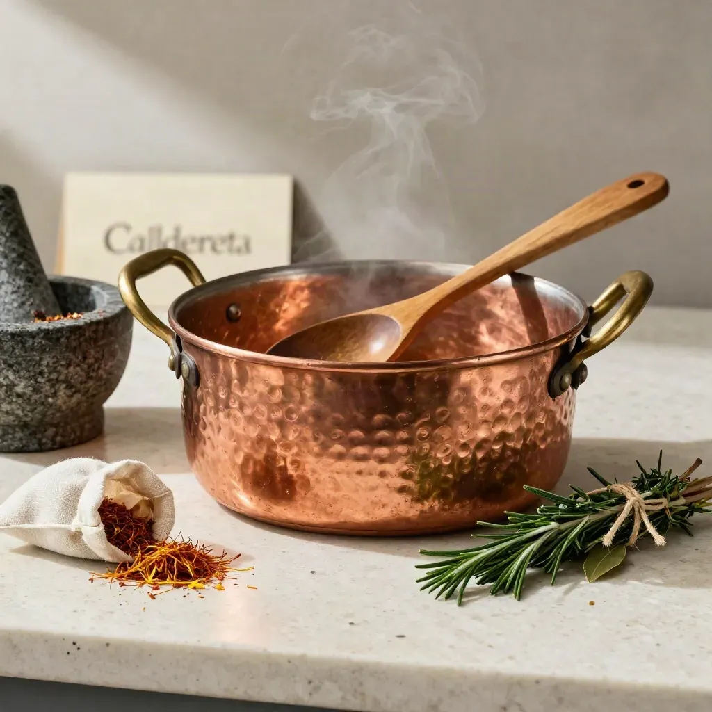 Utensilios de cocina con caldereta de cobre, mortero, azafrán y hierbas sobre piedra travertina.