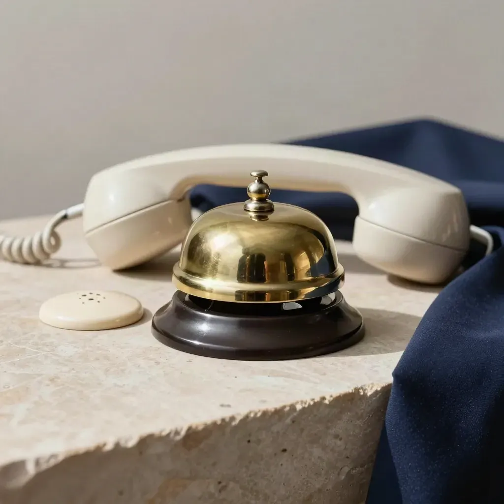Campana de mesa de latón, ficha cerámica y auricular sobre piedra clara con luz suave.