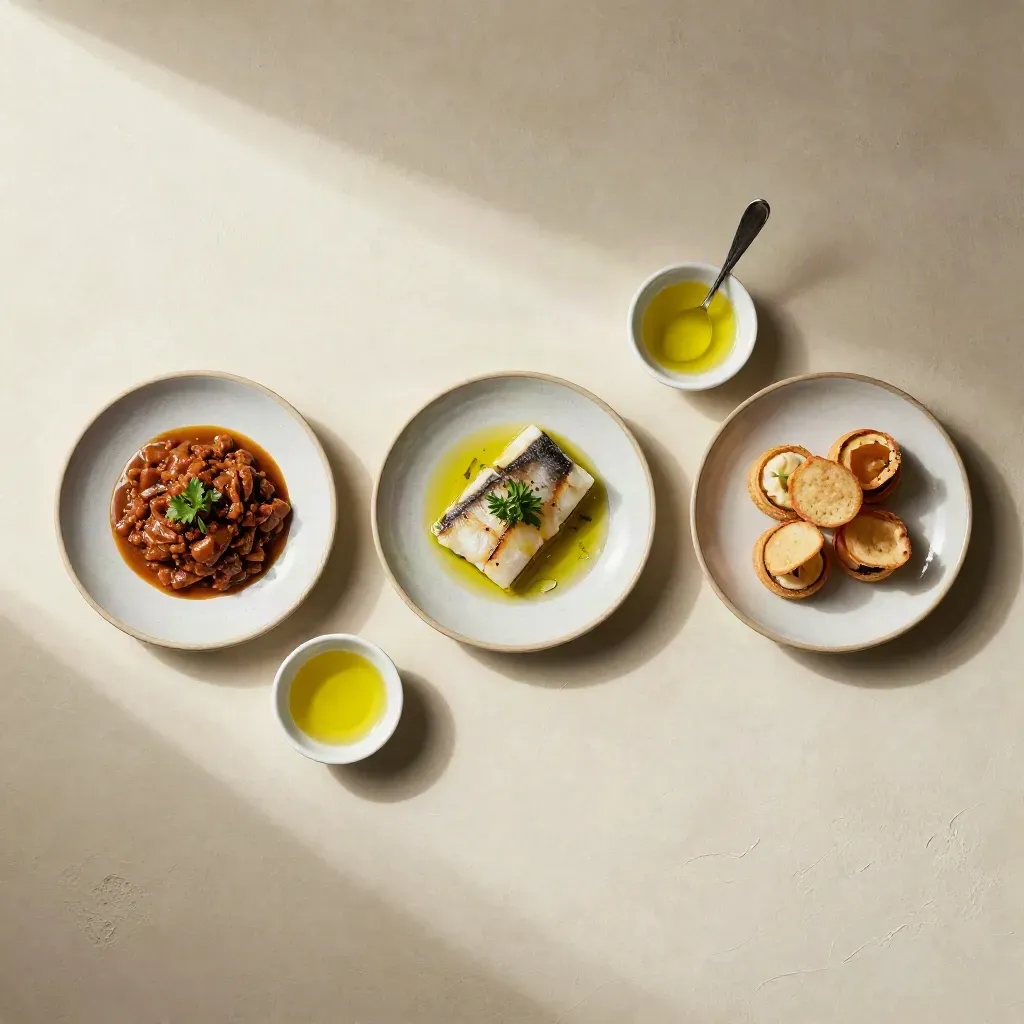 Tres platos de degustación con aceite de oliva y cuchara sobre fondo crema.